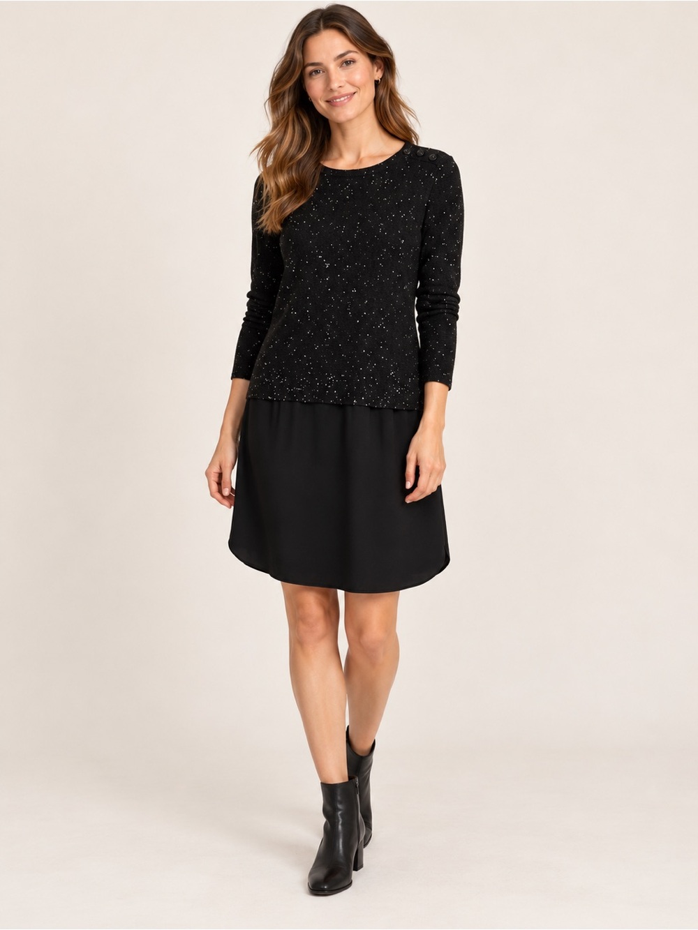 LOFT Black Silver Fleck Layered Knit Dress Button Shoulder Long Sleeve
